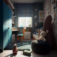 azul linda infantil habitación interior. generativo ai foto