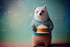 Portrait of woodland animal Bear with fluffy fur with cake. Illustration photo