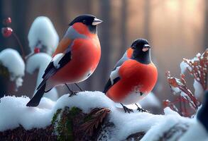 bullfinches in snow winter forest. Illustration photo