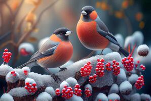bullfinches in snow winter forest. Illustration photo