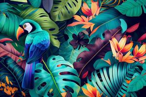 Tropical background with jungle plants and exotic birds. photo