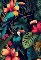 Tropical background with jungle plants and exotic birds. photo