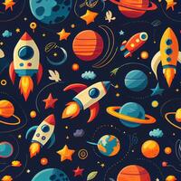 Beautiful Space Planets And Rockets Pattern. Illustrator photo