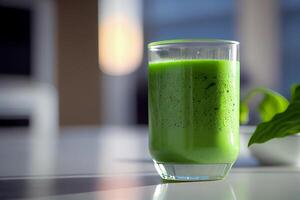 Glass of greenery smoothie in white floor. Illustration photo