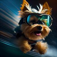 Cool Dog in ski goggles rides a snowboard. Illustration photo