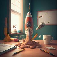 Vivid Rocket Starting Fly From a Desk. Illustration. photo