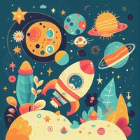 Beautiful Space Planets And Rockets Pattern. Illustrator photo