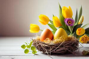 Happy Easter Greeting Background with Colorful Eggs. photo