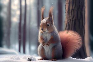 squirrel in snow winter forest. Illustration photo