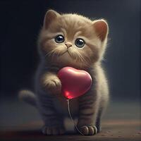 Cute Little Cat with Heart Shape Balloon. photo