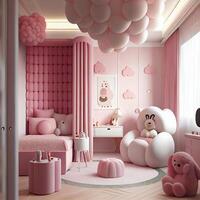 Pink Cute Childish Room Interior. Generative AI photo