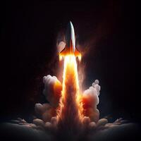 Vivid Rocket Starting Fly on Black Background. Illustration.. photo