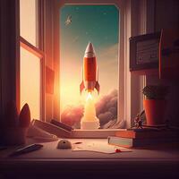 Vivid Rocket Starting Fly From a Desk. Illustration. photo