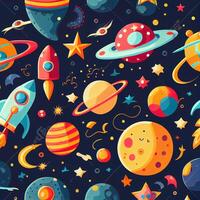 Beautiful Space Planets And Rockets Pattern. Illustrator photo