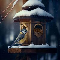pájaro paro se sienta en el alimentador en el invierno bosque. ilustración generativo ai foto