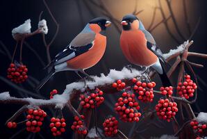 bullfinches in snow winter forest. Illustration photo