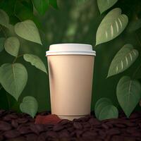 Coffee to go on a background with green plants. Illustration photo