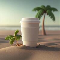 Coffee to go against the backdrop of a palm tree and the sea. Illustration photo
