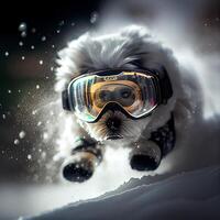 Cool Dog in ski goggles rides a snowboard. Illustration photo