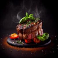 Delicious Hot Beef Steak on Fire on a Dark Background. Illustration Generative AI photo