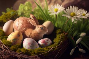 Happy Easter Greeting Background with Colorful Eggs and Bunny. photo