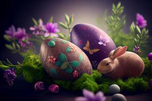 Happy Easter Greeting Background with Colorful Eggs and Bunny. photo