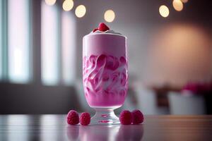 Glass of raspberry smoothie in white floor. Illustration photo