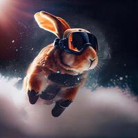 Cool Bunny in ski goggles rides a snowboard. Illustration photo