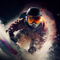 Man in ski goggles rides a snowboard from a snowy mountain. Illustration photo