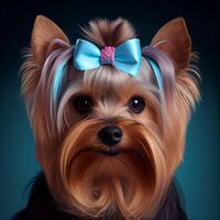 cute yorkshire terrier with a bow. Illustration photo