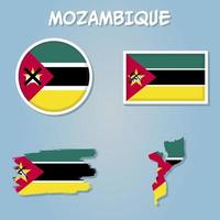 Flag and national coat of arms of the Republic of Mozambique overlaid on detailed outline map isolated. vector