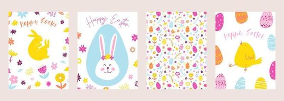 Set of Happy Easter greeting cards. Hand drawn colorful plants, bunny, chicken, eggs in modern minimalist style vector