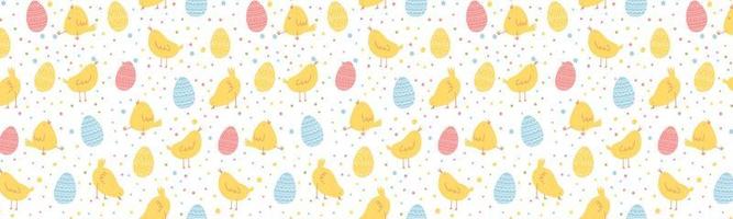 Easter banner with hand drawn cute chickens and colorful eggs on white background. Vector illustration