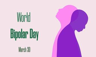 World Bipolar Day on March 30 concept. Two human silhouettes as symbols of depression and mania. Vector illustration for social poster, banner, card, flyer