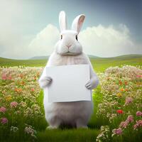 Cute Easter Bunny in the Field with Empty White Paper. photo