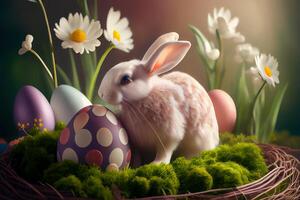 Happy Easter Greeting Background with Colorful Eggs and Bunny. photo