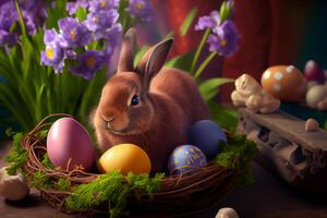 contento Pascua de Resurrección saludo antecedentes con vistoso huevos y conejito. generativo ai foto