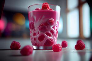 Glass of raspberry smoothie in white floor. Illustration photo