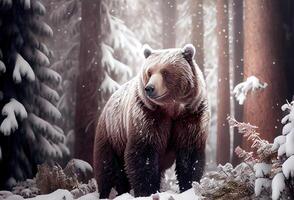 oso en nieve invierno bosque. ilustración generativo ai foto