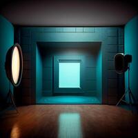 Blue studio room background with spotlight on. Illustrator photo