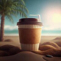 Coffee to go against the backdrop of a palm tree and the sea. Illustration photo