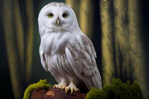 White owl sits on a tree in the forest. Illustration photo