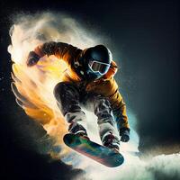 Man in ski goggles rides a snowboard from a snowy mountain. Illustration photo