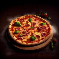 Pizza on wooden board. Illustration photo