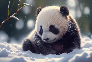 Cute Baby Panda in snow winter. Illustration photo