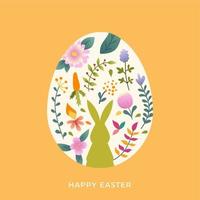 Happy Easter banner. Trendy Easter design flowers and bunny in pastel colors. Greeting card with a silhouette of an egg on a yellow background with decorative floral elements vector