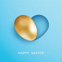 Realistic golden egg with heart shaped shadow on blue background. Minimalist style happy Easter banner vector