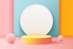 Abstract 3D realistic colorful empty round podium and pink spheres. Minimal scene for product display presentation. Award ceremony concept vector