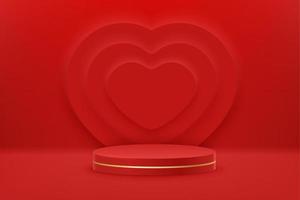 Red podium with heart shaped frames. Mockup vector scene of geometry shape platform. Valentines day festive heart shaped decoratio