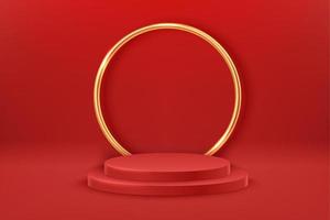 Two red round podiums and golden decor in a shape of circle. Award ceremony concept. Abstract scene with cylindrical podiums vector